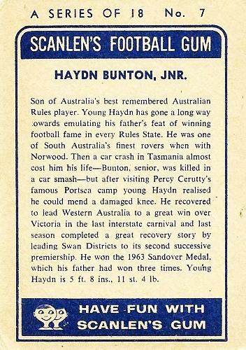 1963 Scanlens VFL #7 Haydn Bunton Back